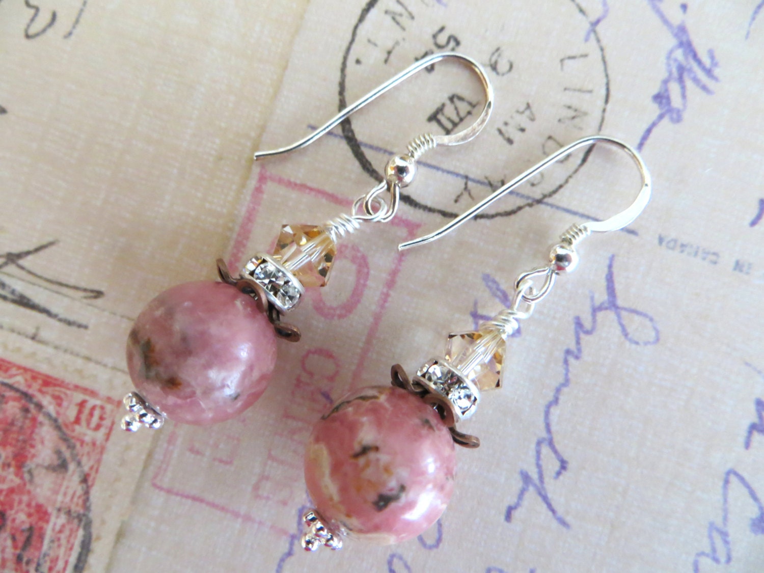 Pink Rhodonite, Swarovski  & Sterling Drop Earrings