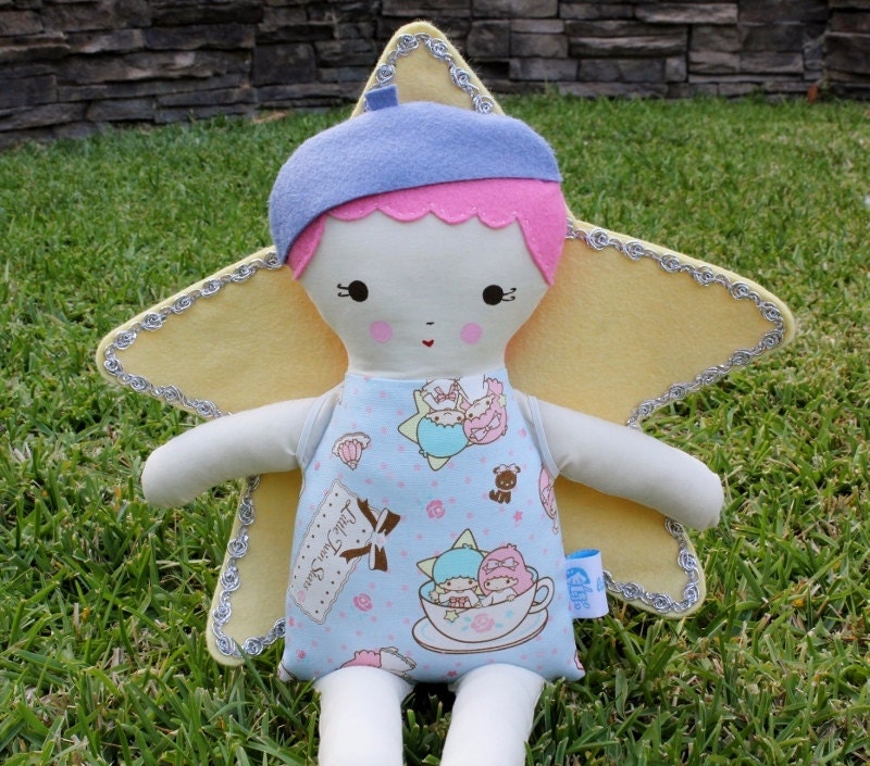 Lil Sister Sprinkles Pink Hair Rag Doll With Star Shaped Wings (Little Twin Stars Print)