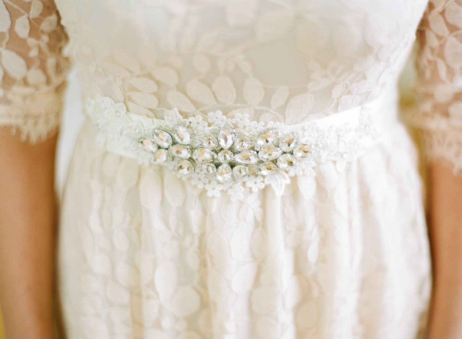 NEW Handbeaded Lace and Rhinestone Bridal Belt in Ivory and Black by Fine & Fleurie