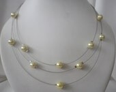 Three Stranded Lemon Yellow Floating Pearl Necklace and Earrings Set