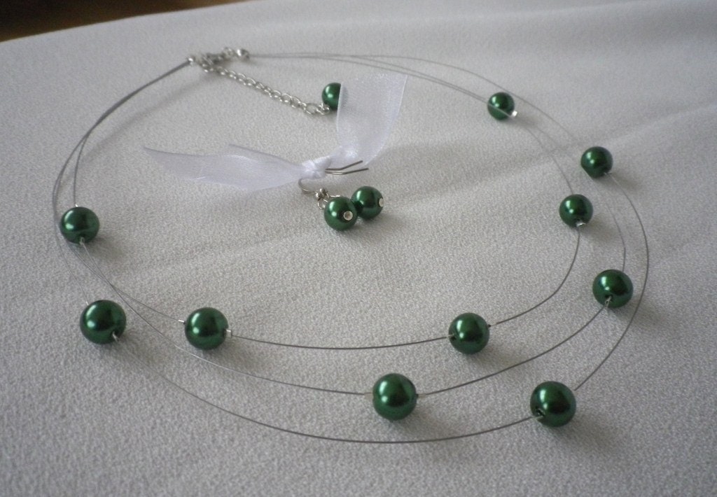 Three Stranded Deep Emerald Green Floating Pearls Necklace and Earrings Sets