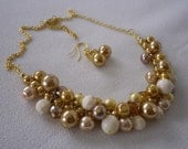 Gold Taupe Cream and Champagne Cluster Necklace and Earrings