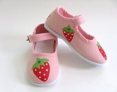Girls Strawberry Shoes, Baby and Toddler, Hand Painted, Pink, Canvas Mary Janes