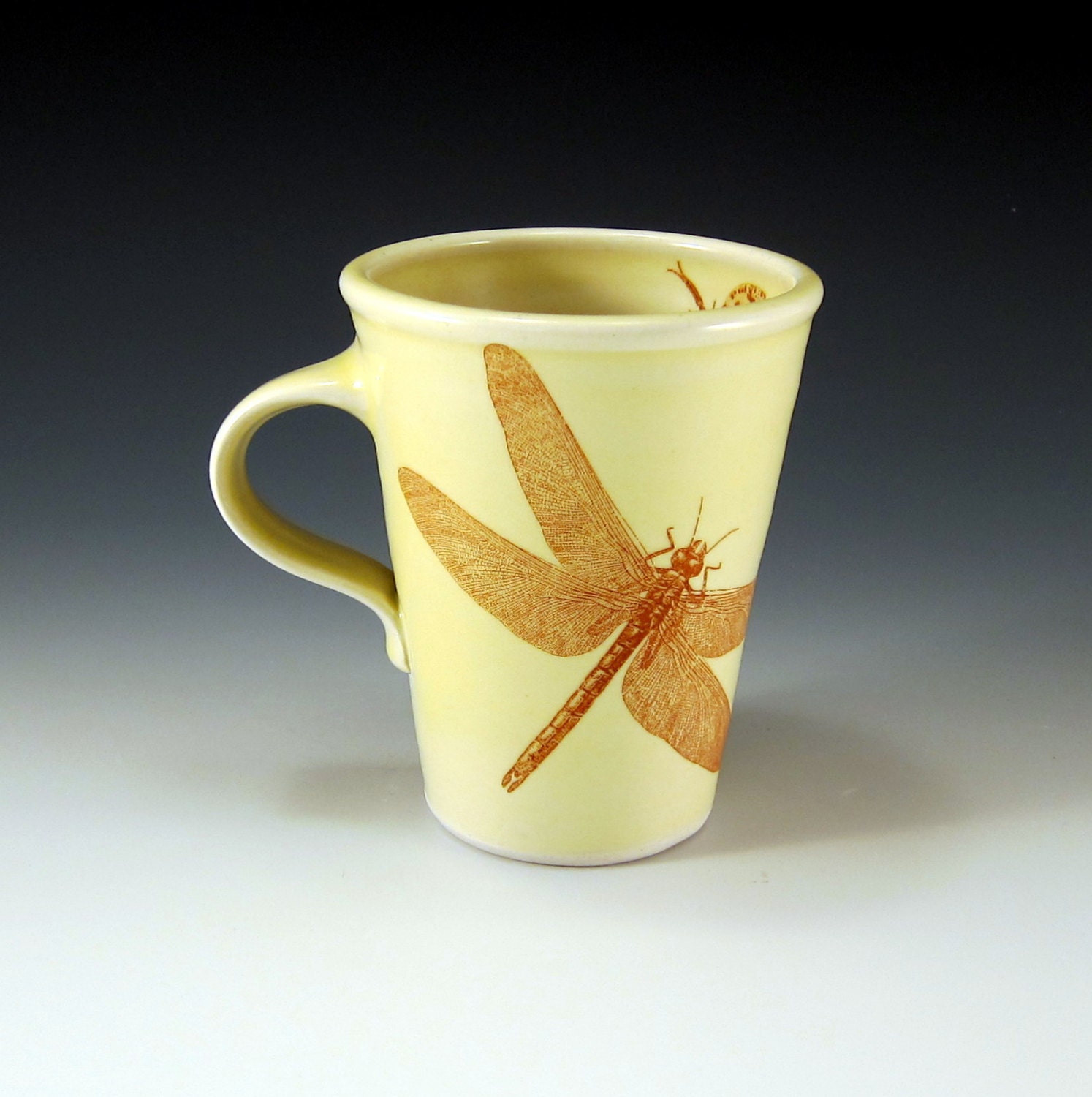 Dragonfly mug in creamy yellow glaze - a generous 14 ounces