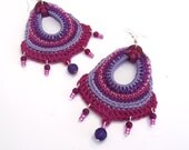 Cotton yarn crochet earrings, big, fuchsia, purple, violet, pink, beads, long, drop, boho, folk, romantic