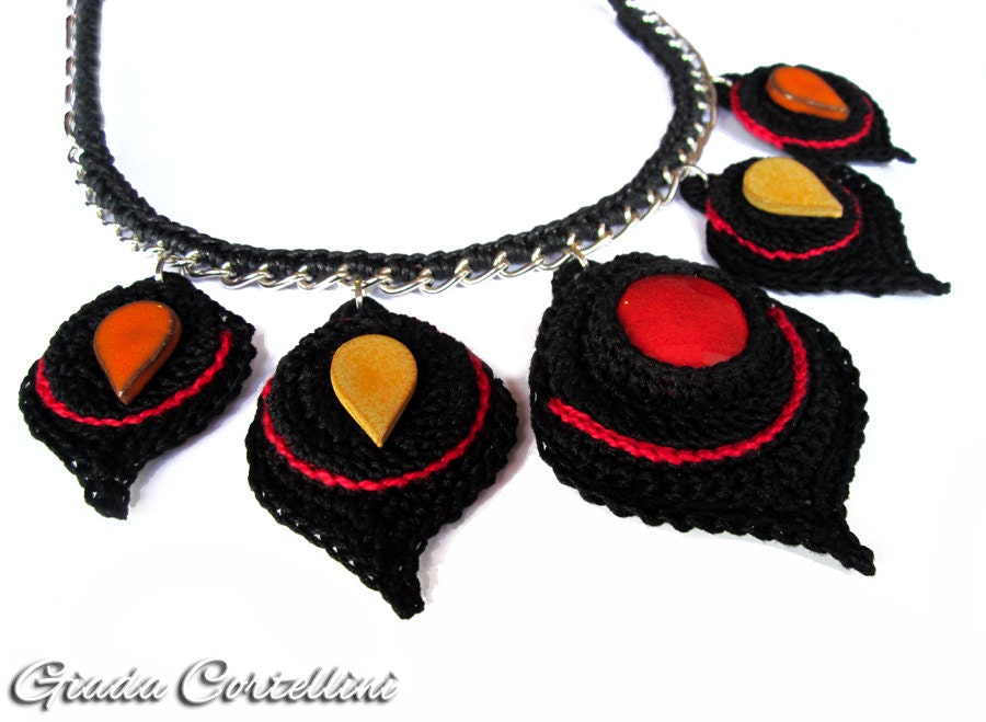 Chain, waxed cotton cord, cotton yarn, ceramic beads, black, red, orange, yellow, pendants, folk, ethnic,  fiber, crochet, solid