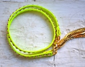 studded yellow neon genuine leather & gold double wrap bracelet with gold tassel