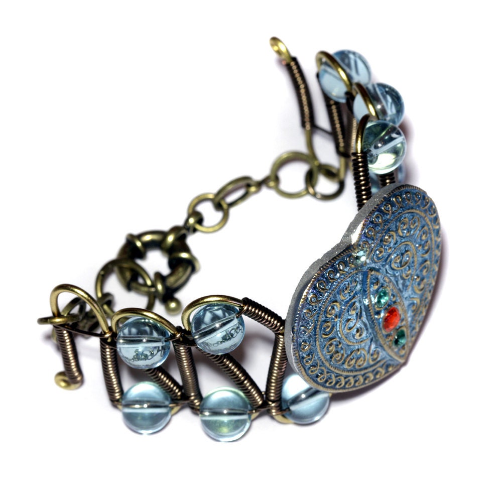 Bracelet - Czech Glass Blue Heart Rhinestones