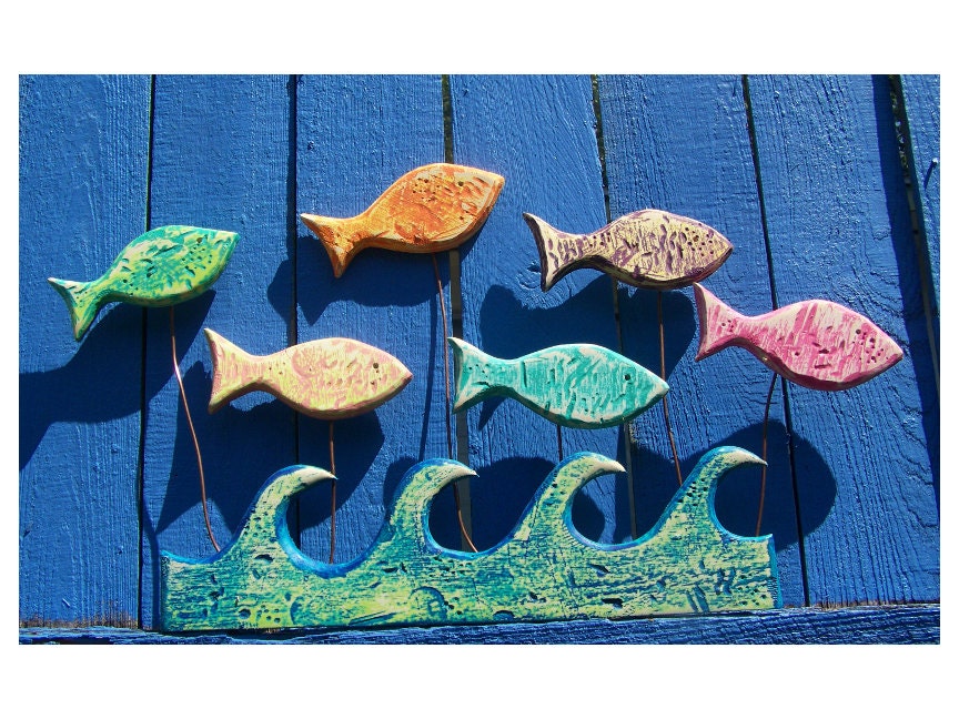 Little Fish and Waves Wall Hanging Colorful Distressed Wood and Copper