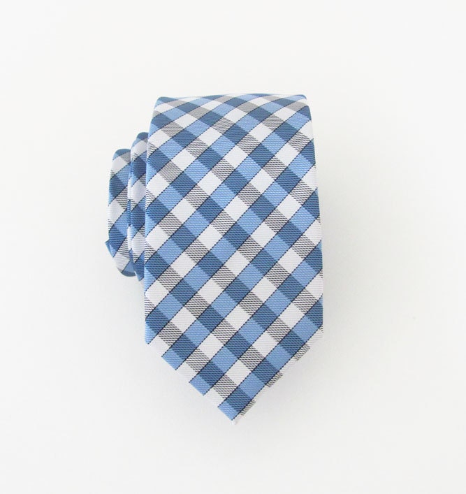 Mens Skinny Tie Blue Gray and White Checkers Skinny Necktie