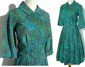 Vintage 50s Dress Jerry Gilden Blue & Green Paisley Floral Cotton Full Skirt L