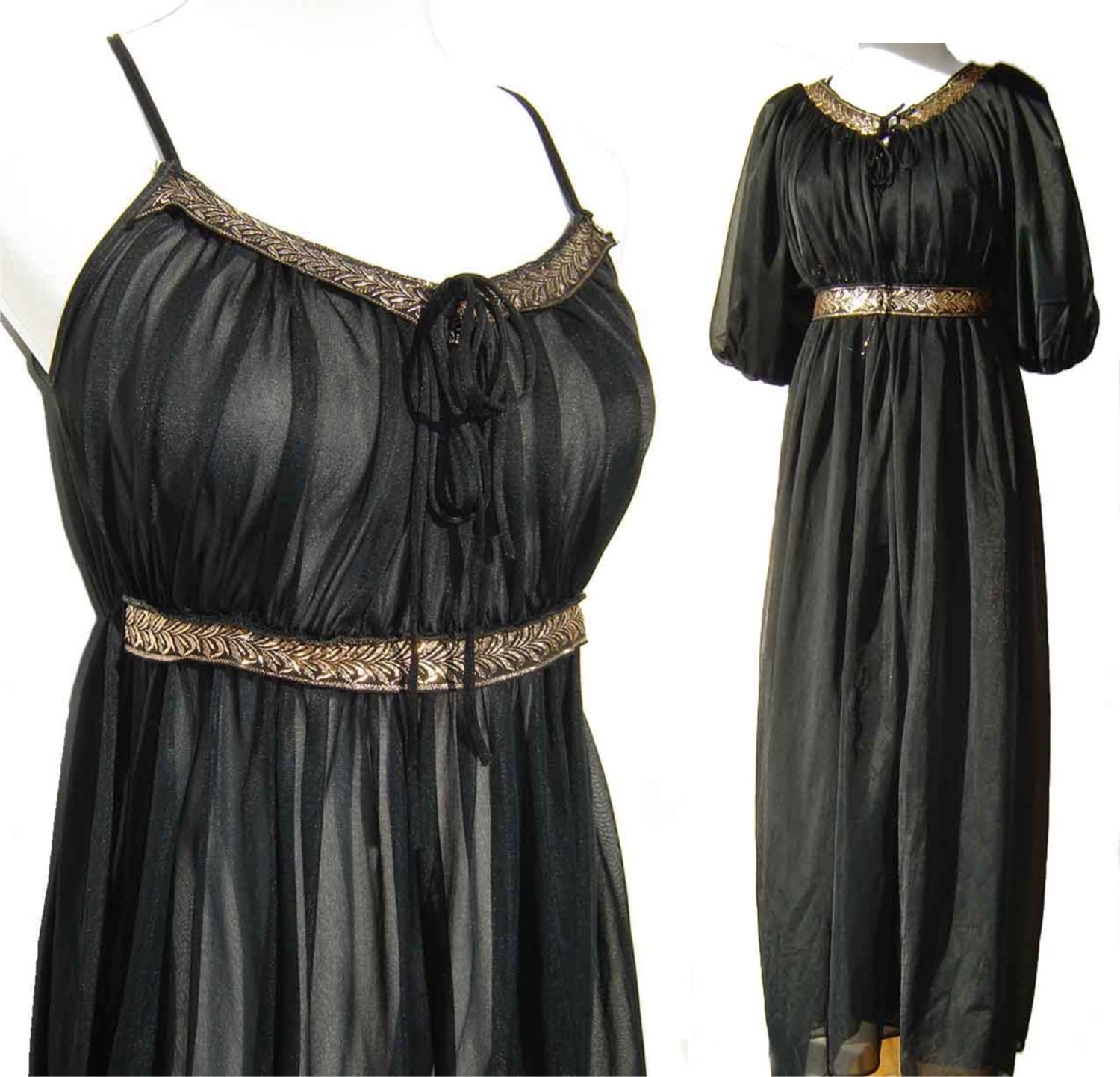 Vintage 60s Peignoir Lingerie Black Chiffon & Gold Lame Negligee GM Nightgown Robe Set M