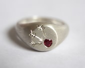 Cupid Love Ring. Silver and Ruby Engraved Signet Ring. Handmade Personalised Ring.