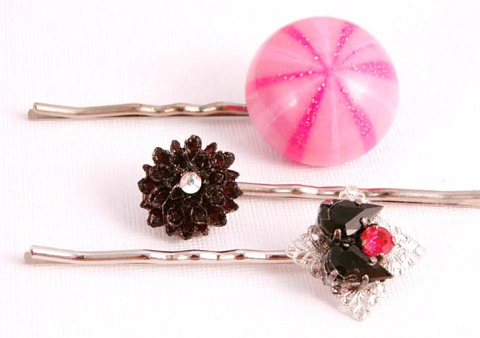 Floral Hair Pins, Pink Black Flower Vintage inspired, Peppermint,  Retro Hair Accessories,  Gifts for Her Under 20