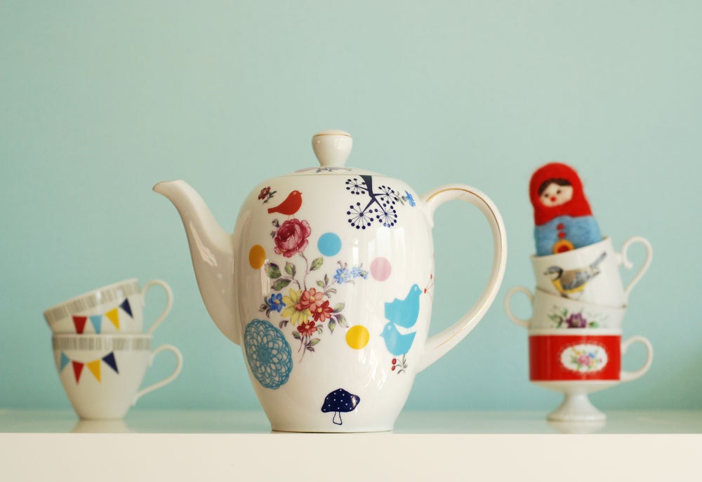 SECONDS SALE Very large birds, roses, branches and spirograph teapot