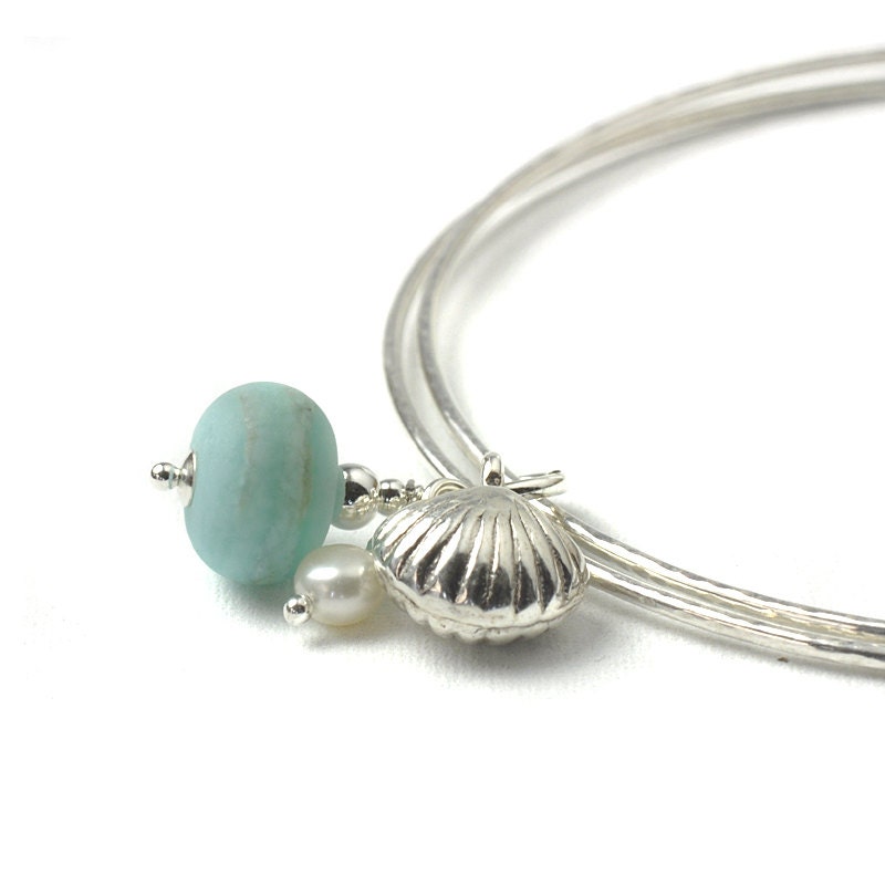 Sterling Silver Coast Shell Charm Bangles - Blue - UK SRA