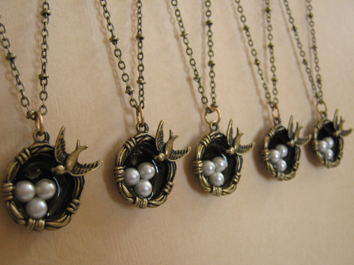 Bird Nest Necklace Antiqued Gold Pearl Eggs Sweet for Mom Mother's day gift