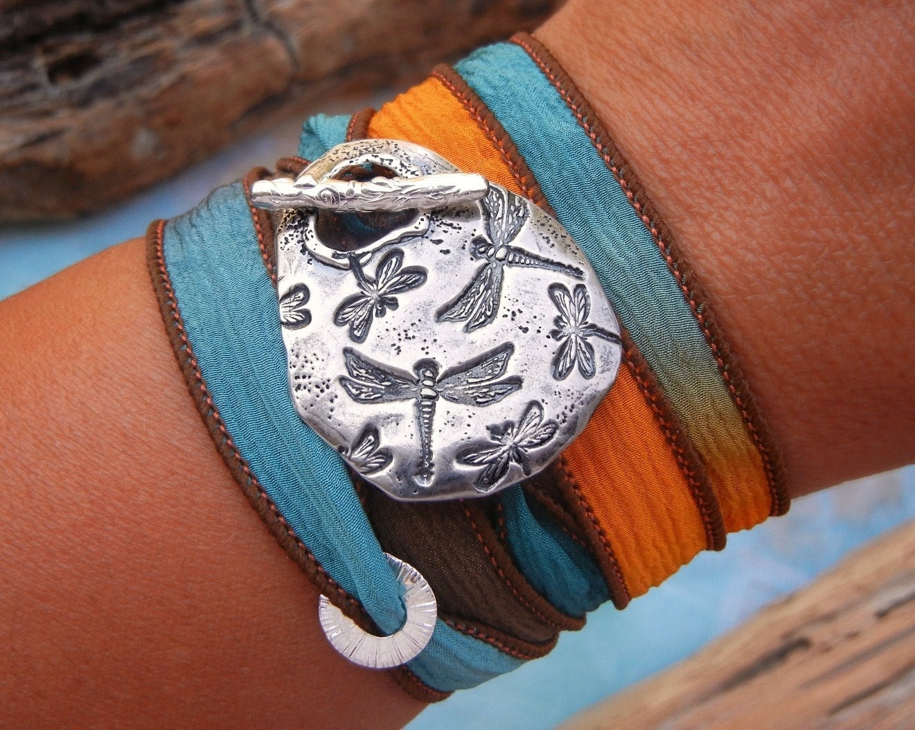 Nature Jewelry, Dragonfly Bracelet, Pretty Dragonflies Silk Wrap Bracelet, STERLING Silver Bracelet by HappyGoLicky Jewelry