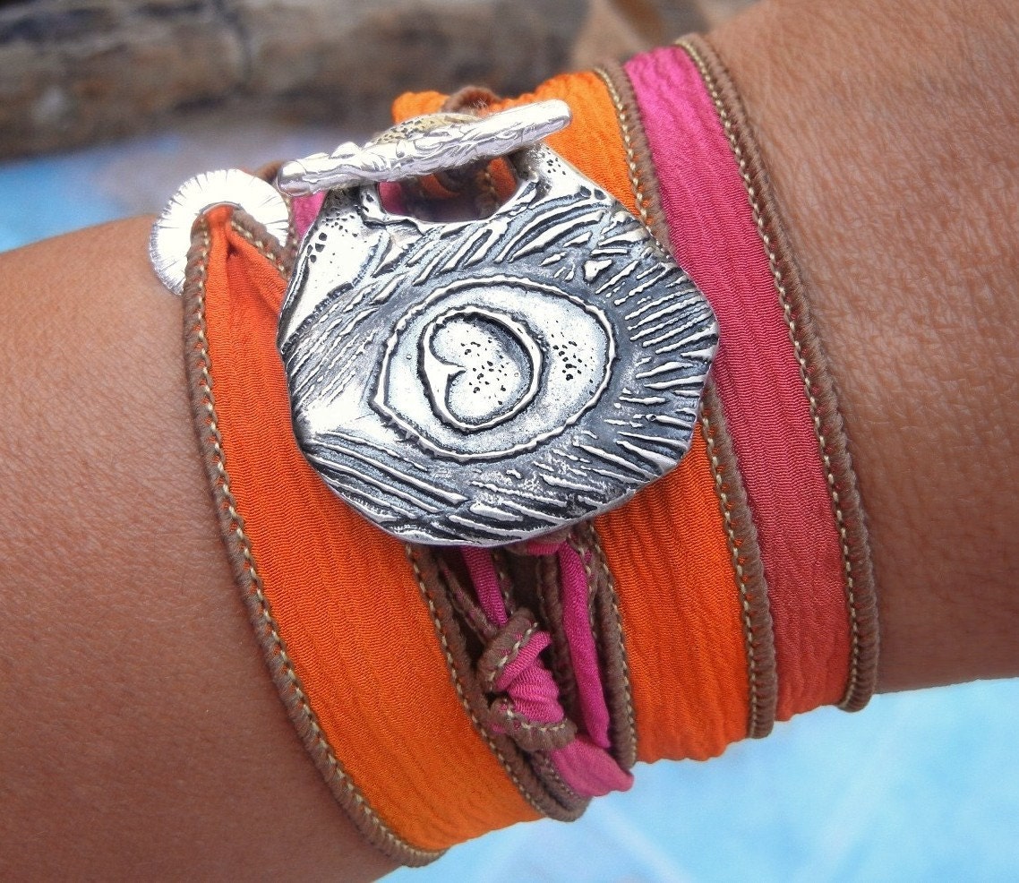 STERLING SILVER Jewelry, Sterling Silver Silk Wrap Bracelet, Hand Made Sterling Silver Toggle Bracelet, Purple, Blue, Yellow, Pink, Black
