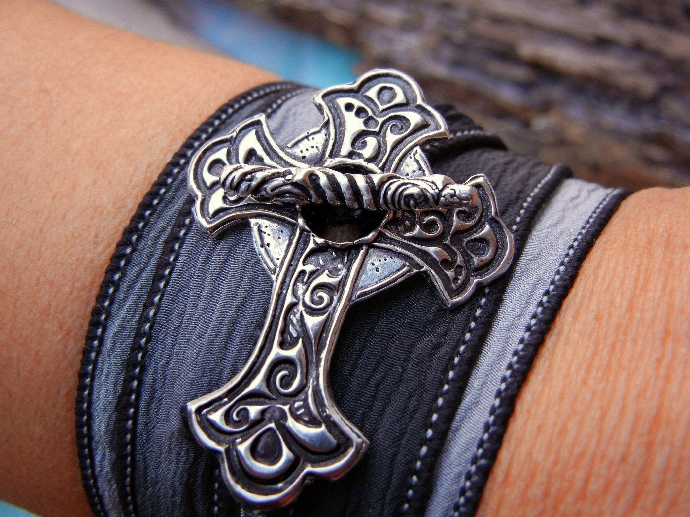 Religious Jewelry Gift, Silver Crucifix Silk Wrap Bracelet, Christian Jewelry, Vintage Style Cross Bracelet, Religious Sympathy Gift