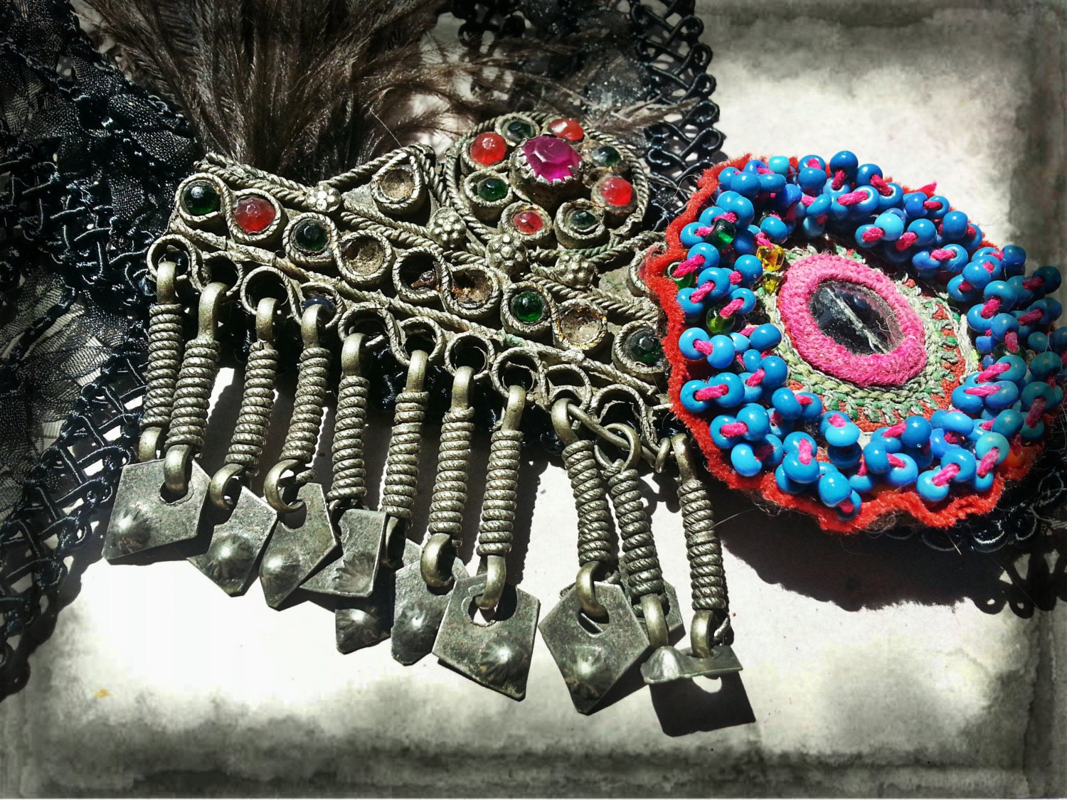 Flapper Deco Headband with Shimmering Gunmetal Beaded Frontlet and Afghani Textile - S-M