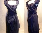 1950's Navy Silk Taffeta STRUCTURED Draped Wiggle Dress Vintage 50's LILLI ANN Hip Sash Bombshell Shawl Party Dress