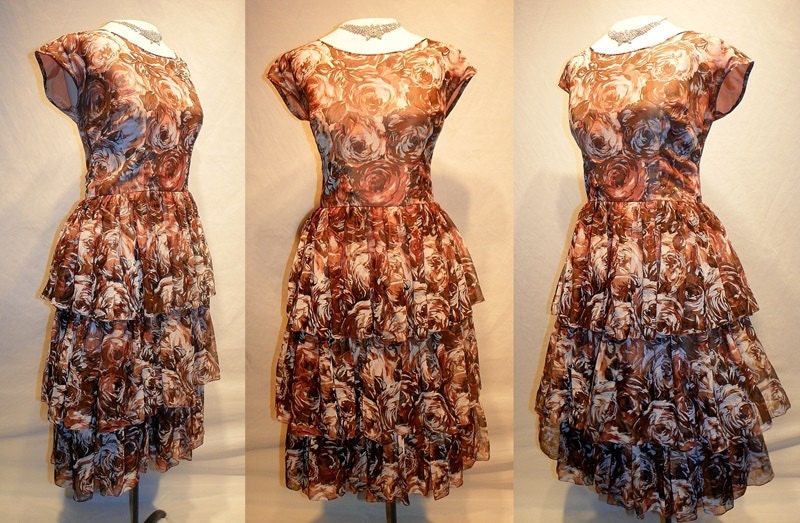 1950's Mocha ROSE Print Tiered Silk Chiffon Cocktail Dress Vintage 50's Watercolor Rose Garden Print Couture Ruffled Bombshell Party Dress
