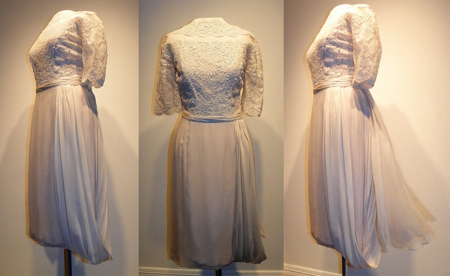 1950's Taupe Silk Chiffon Ruched Draped Sash Grecian Wiggle Dress Vintage 50's TERRY ALLEN Lace Bombshell Couture Wedding Party Dress