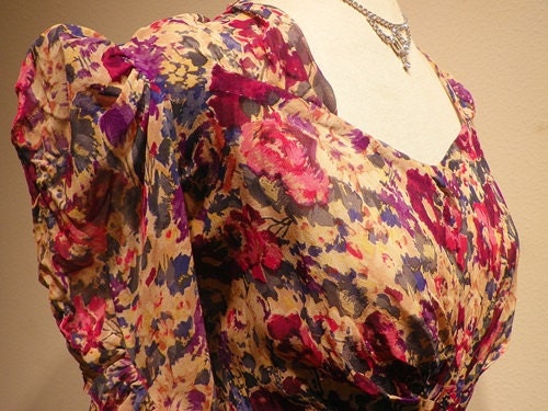 1930's Silk Chiffon FLORAL Print Garden Party Cocktail Dress Vintage 30's 40's Wartime Swing Tailored WWII Couture Gatsby Party Dress