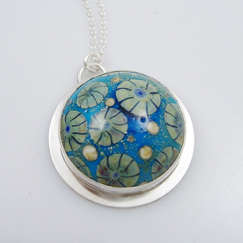 Blue Lampwork & silver pendant necklace, Murrani glass cabochon pendant