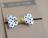 newborn baby toddler girls fabric bow headband - black/white polka dot bow - black skinny elastic