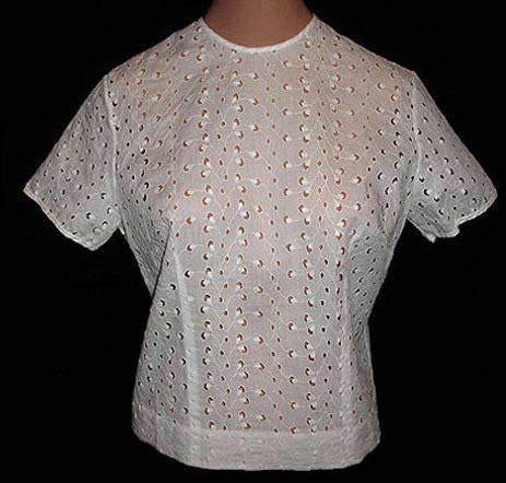 Vintage 50s White Swiss Blouse Embroidered Cutwork S