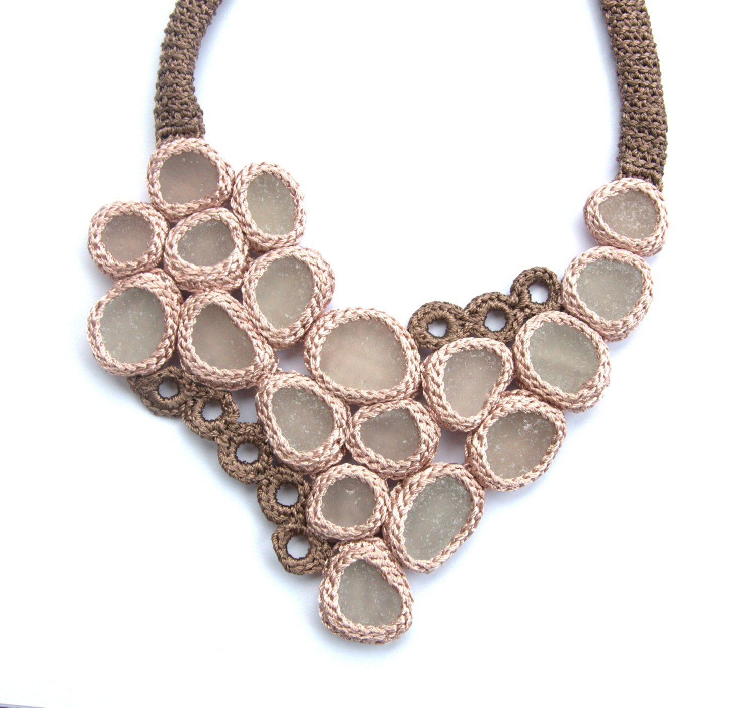 Unique seaglass necklace Statment Bib 18 sea glass Weddings bride jewelry cream pink crochet collar OOAK bohemian beach gift her Birthday