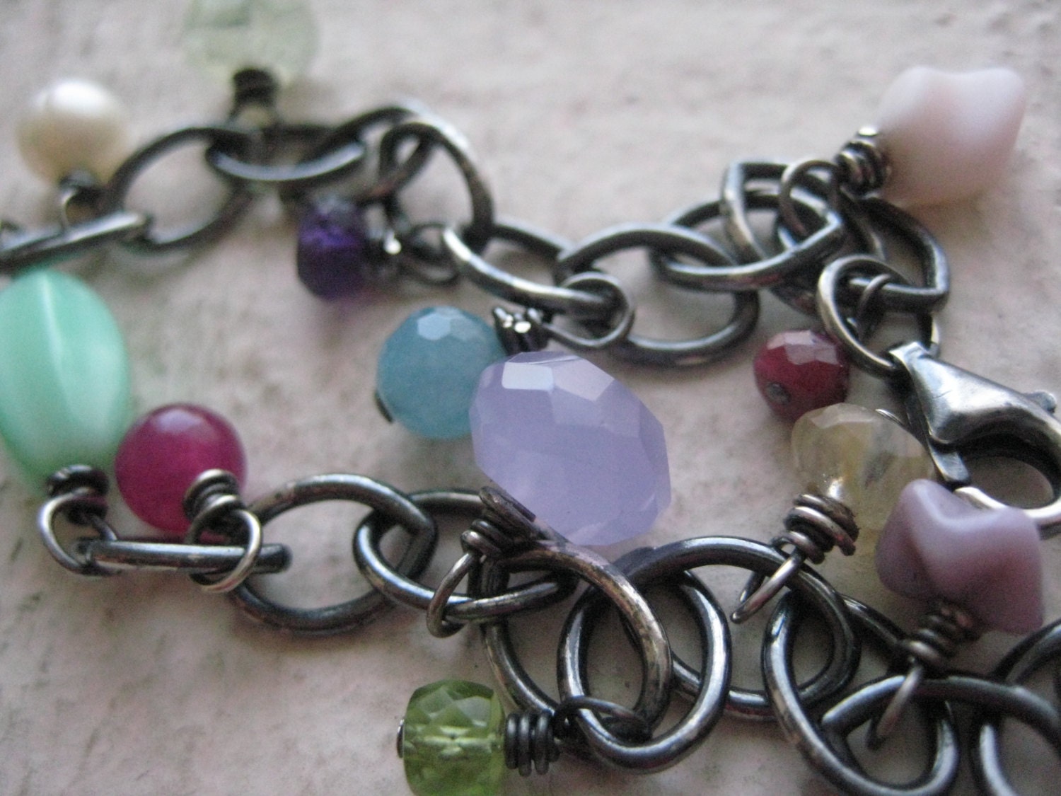 Medley Bracelet- Sterling Sliver Oxidized Chain, Colorful Gemstone & Vintage Beads