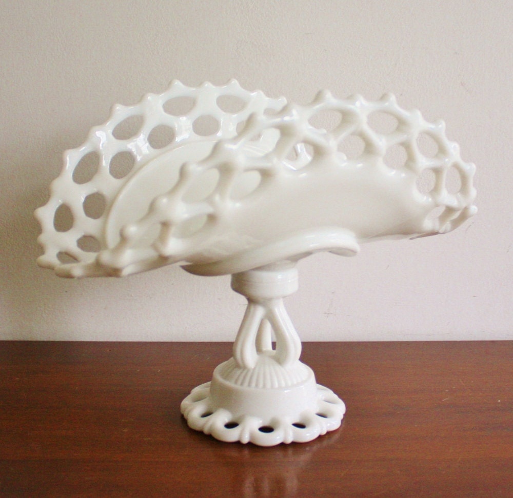 Westmoreland folded milk glass pedestal bowl with lattice trim