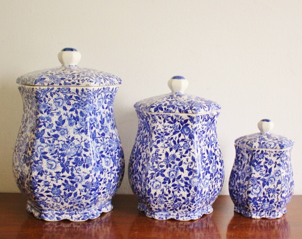 Vintage set of 3 blue and white ceramic canisters