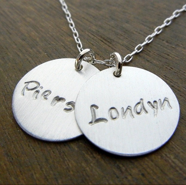 Two-Name Charm Necklace, Sterling Silver Personalized Hand Stamped (Engraved) Jewelry CATHERINE SILVER by E. Ria Designs