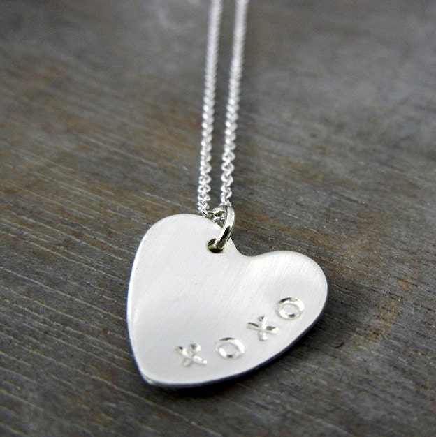 Silver Heart Charm Necklace, Personalized, Custom, Hand Stamped Sterling Silver XOXO Necklace by E. Ria Designs