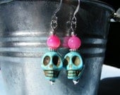 Turquoise skull and pink agate earrings