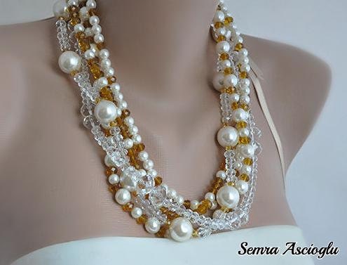 Handmade Weddings Bridal  Ivory Pearl Necklace with Swarovski Crystals