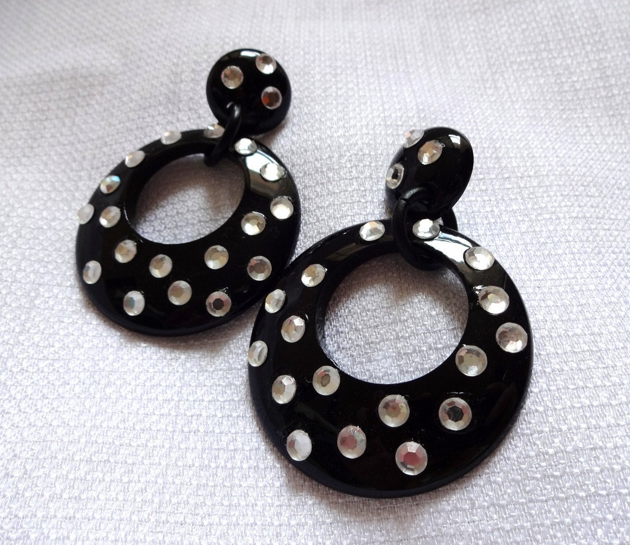 Retro 1980's Large Round Jet Black and Rhinestone Dangle Earrings