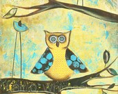 Three's a Crowd..5 x 7 print...from original mixed media painting and collage by Kandy Myny Bird on a Branch Yellow Owl
