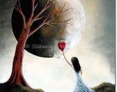 SURREAL ART PRINT Shawna Erback Girl Reaching For Heart Forest Big Bright Moon