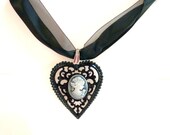 Filigree Heart Cameo Pendant Necklace, Black Heart Cameo Pendant, Black Ribbon Necklace, Vintage Inspired, Mother's Day