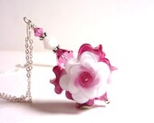 White Flower Pendant, Pink Rose Floral Pendant, Handmade Lampwork Glass Beaded Flower Pendant, Gift for Her, Mother's Day