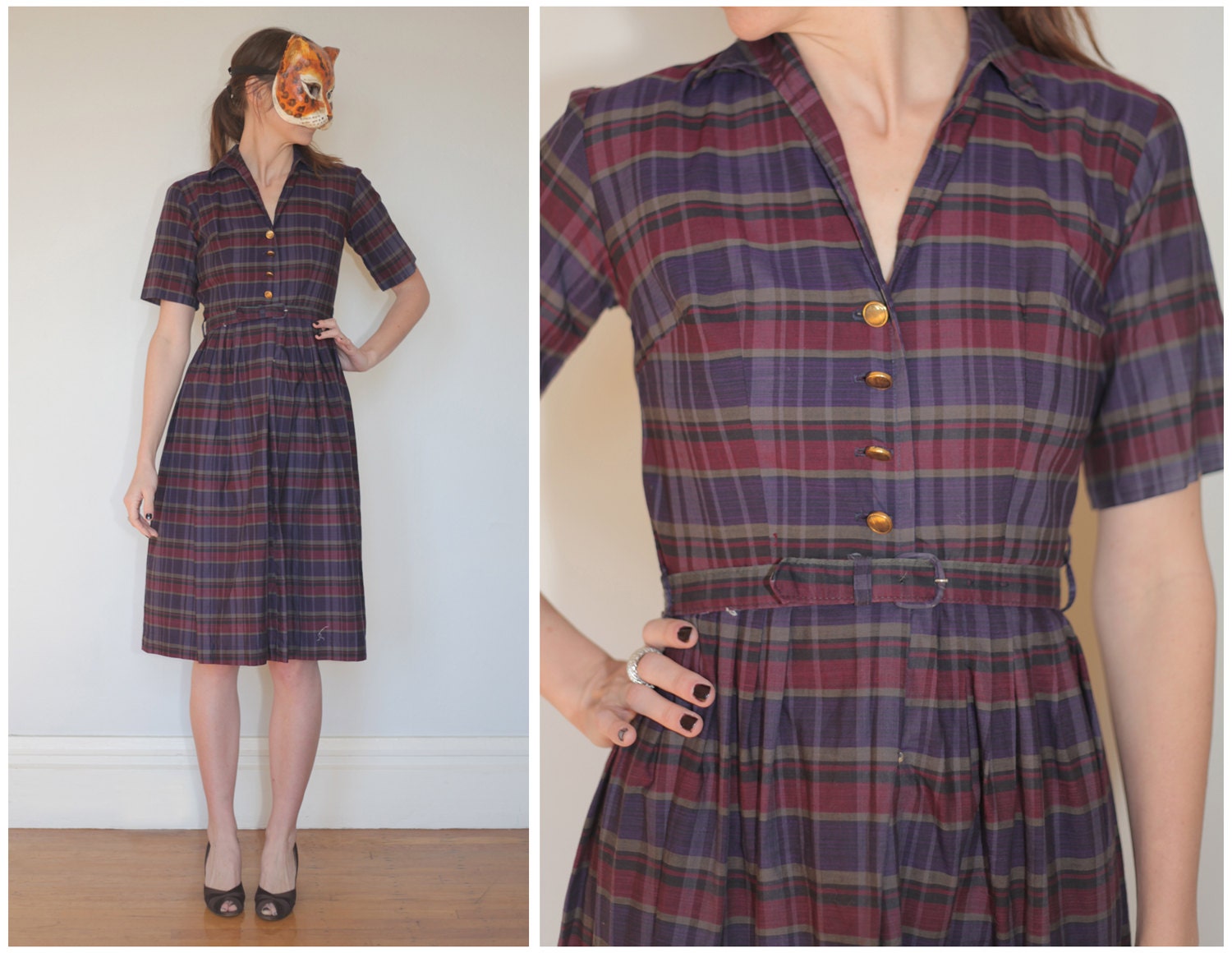 Vintage 50s Purple Plaid Button-Front Day Dress with Gold Buttons - sz S
