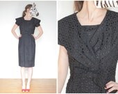Vintage 50s/60s Gorgeous Black Eyelet Wiggle Dress with Bow and Wide Collar - sz S/M
