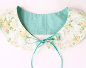 Reversible Peter Pan Style Collar Boho Faded Yellow Roses Aqua Velvet Ties Green Removable