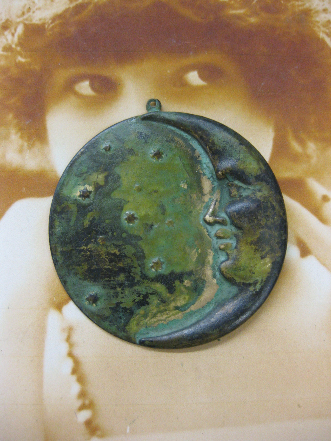 Verdigris Patina Large Crescant Moon and Star Pendant Charms 166VER  x1