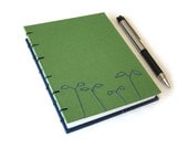 Embroidered Notebook - Coptic Bound - Handmade - Sprouting Plan Embroidery - Blue and Green - OOAK